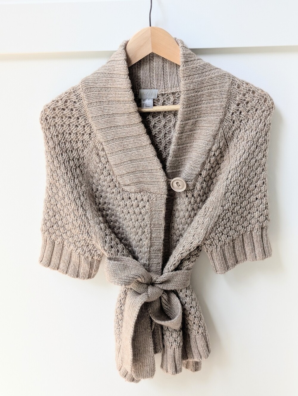 Elegant Taupe Shawl Collar Short Sleeve Belted Knit Cardigan